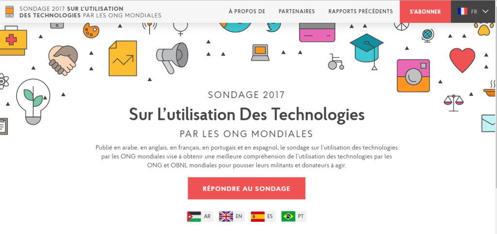 Page web du sondage international 2017 sur l'utilisation des technologies par les ONG du monde